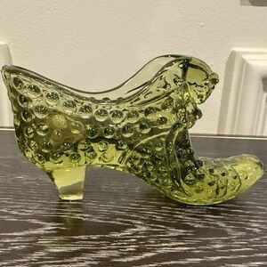 Vintage Fenton Green Hobnail Cat Head Glass Shoe